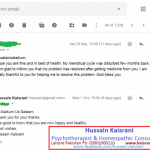 Disturbed and painful Menses / Periods Cured by Homeopathic Treatment – Feedback – Hussain Kaisrani